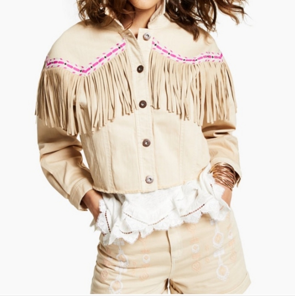 INC Western Inspired Tan Jean Jacket with Fringe